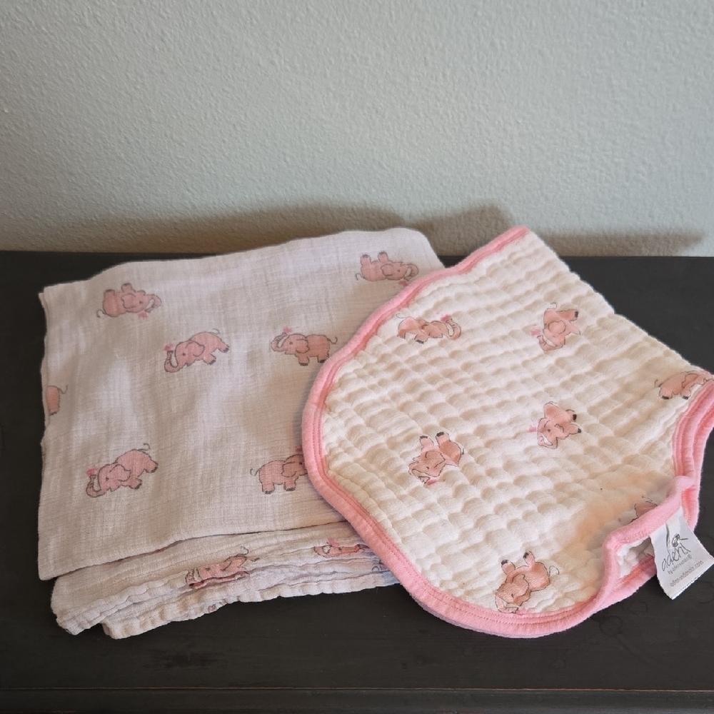 Aden + Anais | Pink Elephant Swaddle Blanket And Burp Bib Set